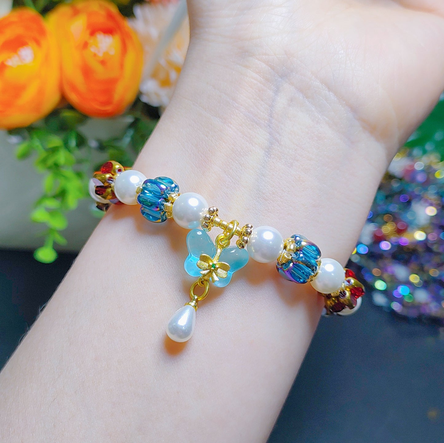 Handcraft lantern beads bracelet material 4x6.5mm glass rice beads &8mm shell pearls