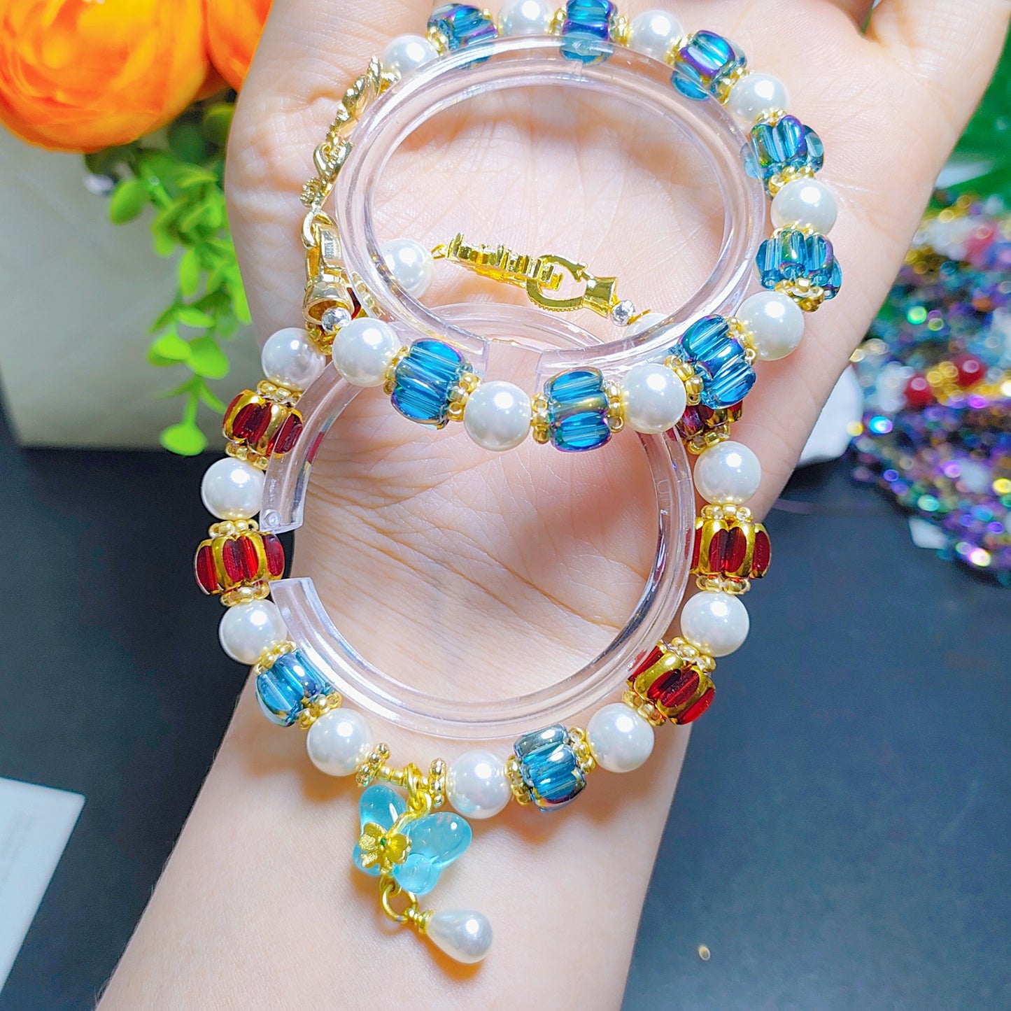 Handcraft lantern beads bracelet material 4x6.5mm glass rice beads &8mm shell pearls