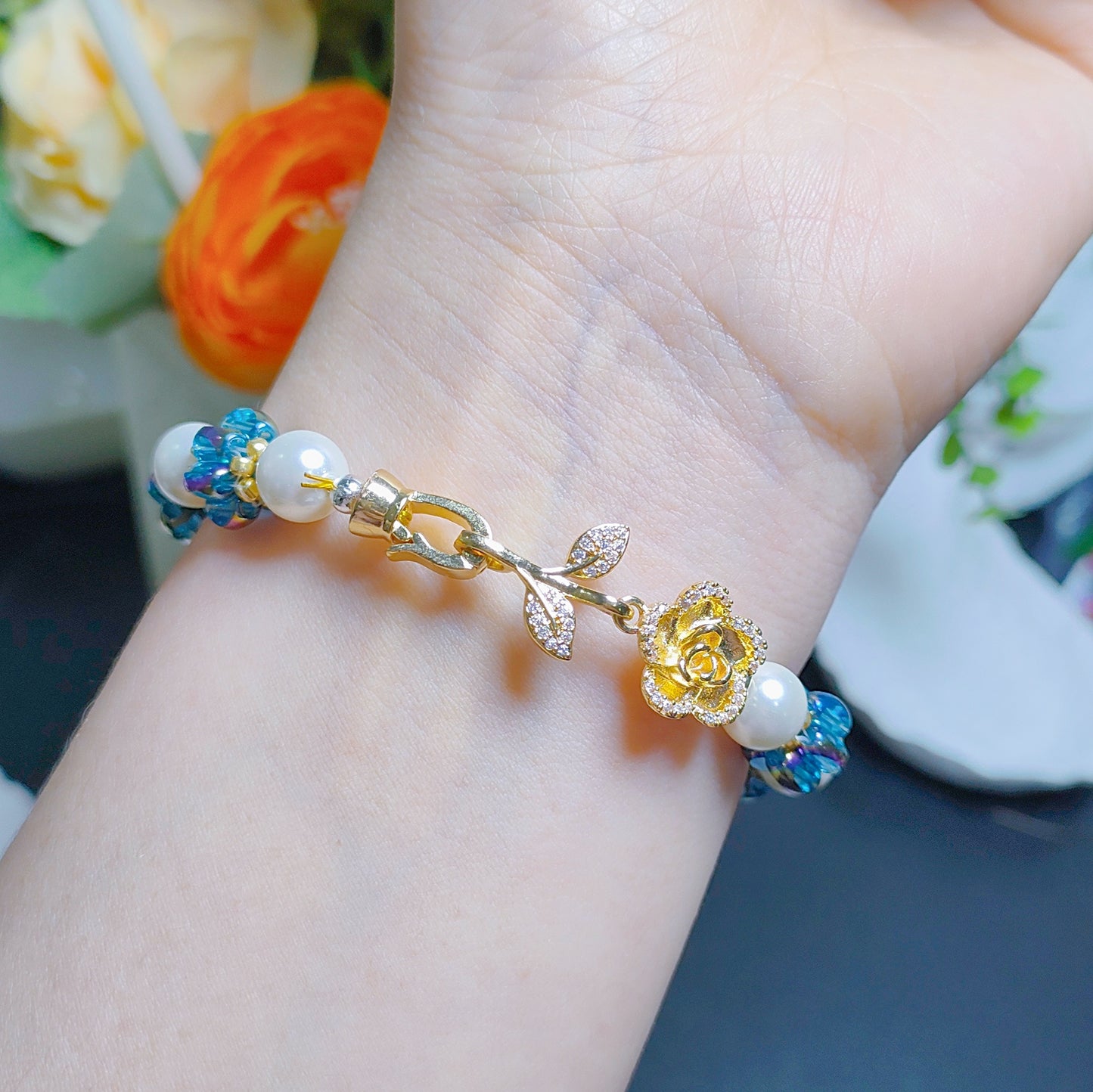 Handcraft lantern beads bracelet material 4x6.5mm glass rice beads &8mm shell pearls