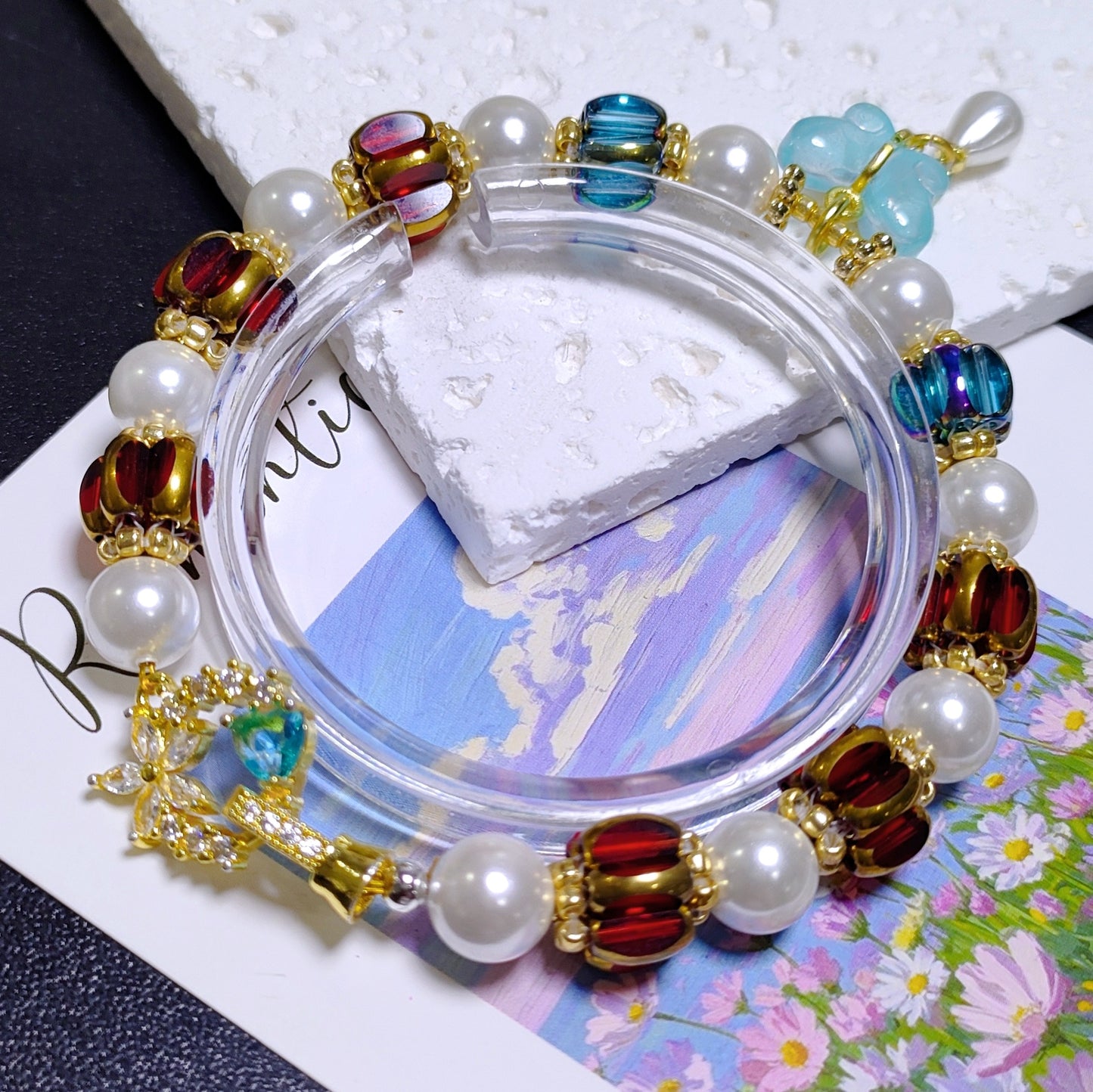 Handcraft lantern beads bracelet material 4x6.5mm glass rice beads &8mm shell pearls