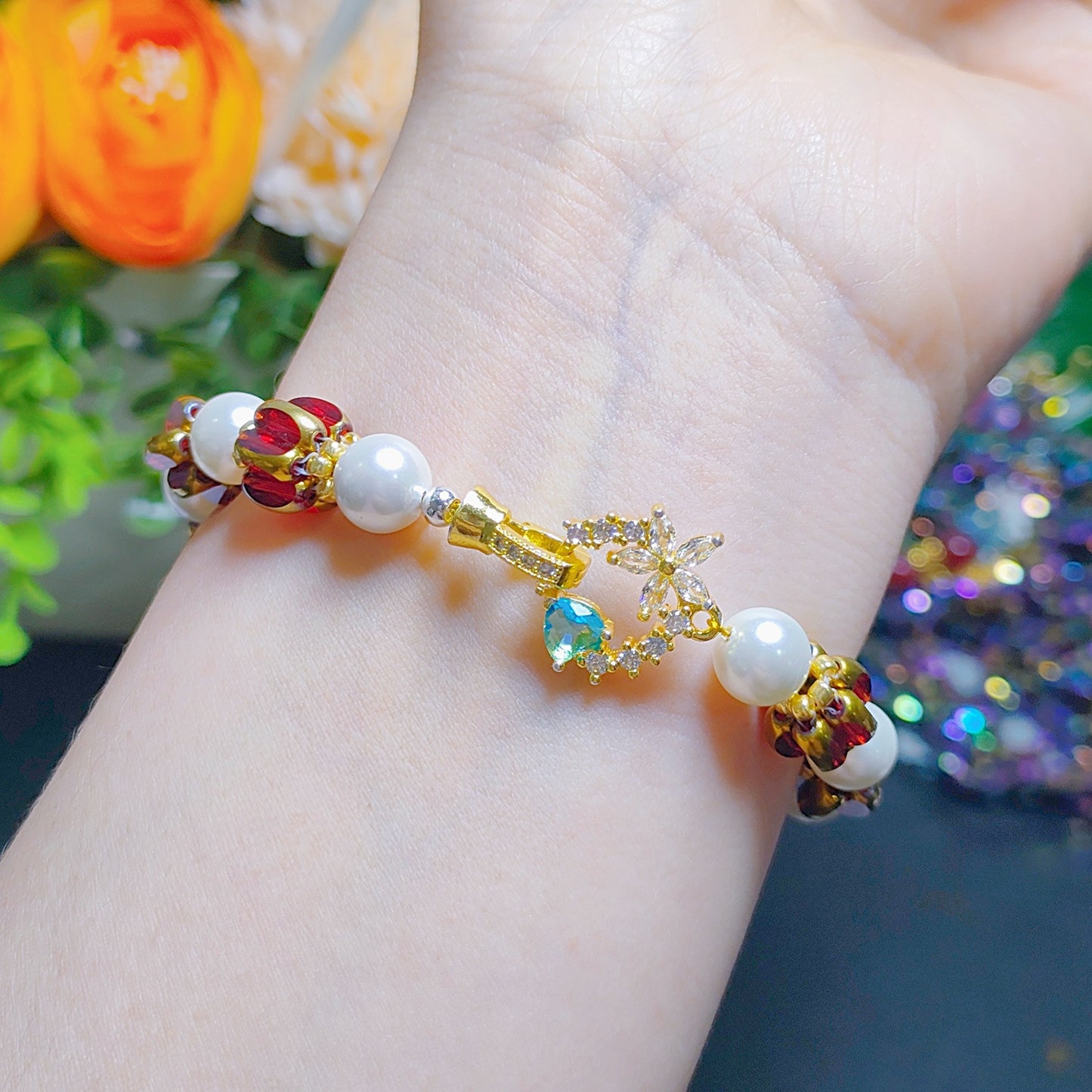 Handcraft lantern beads bracelet material 4x6.5mm glass rice beads &8mm shell pearls
