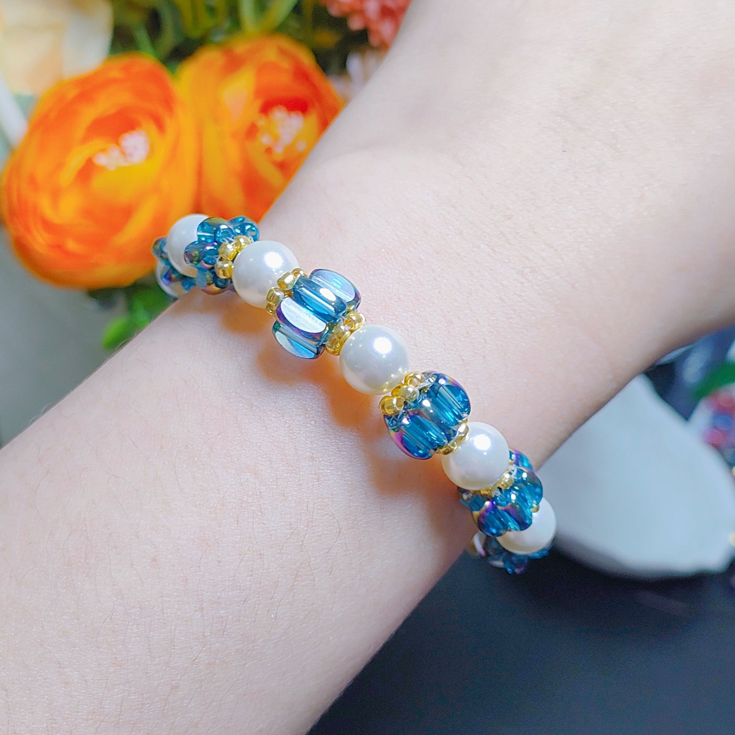 Handcraft lantern beads bracelet material 4x6.5mm glass rice beads &8mm shell pearls