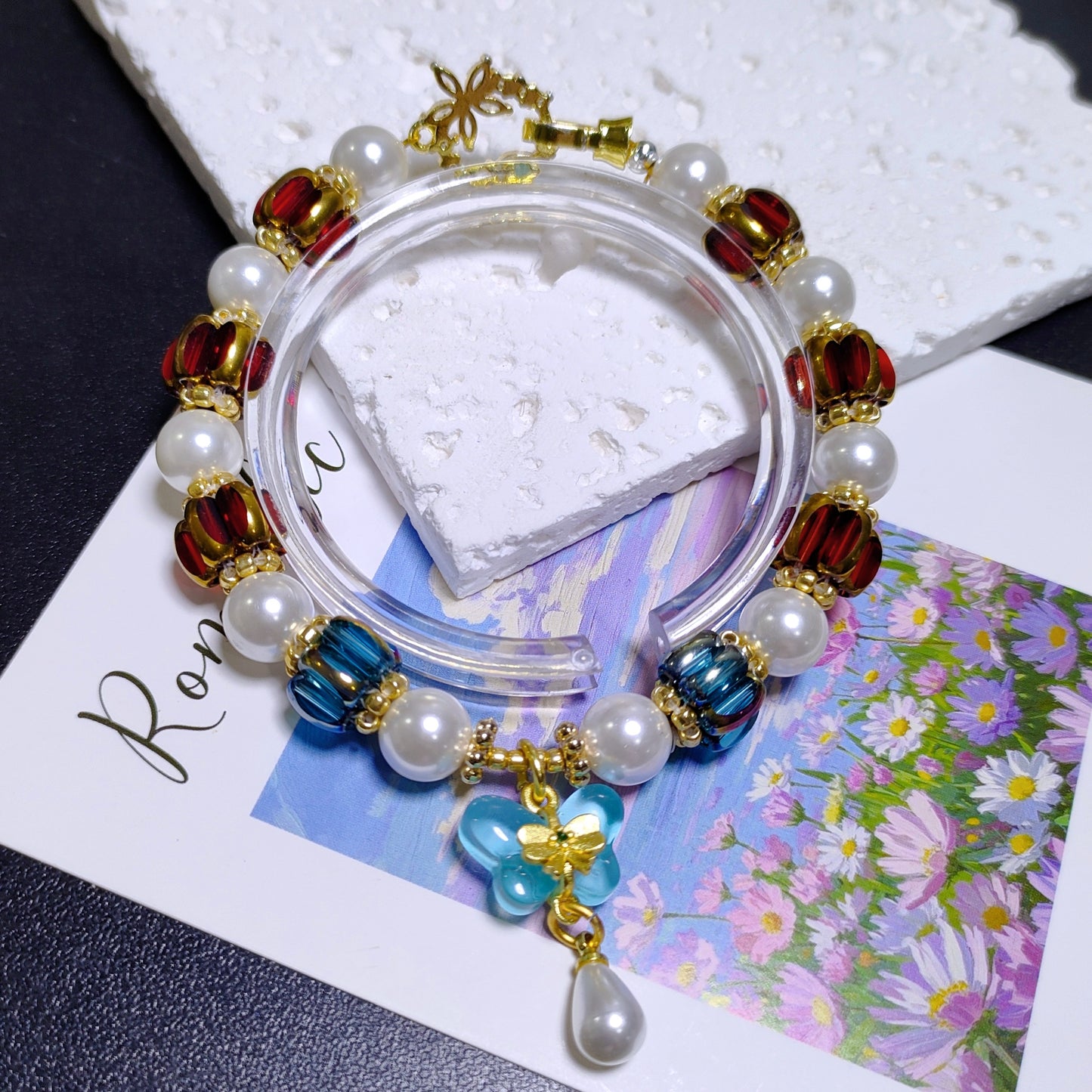 Handcraft lantern beads bracelet material 4x6.5mm glass rice beads &8mm shell pearls